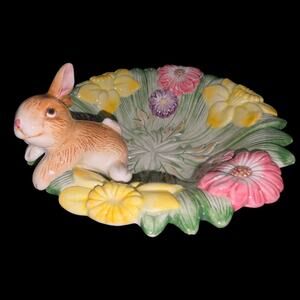 Vintage Ceramic Easter Bunny Rabbit Floral Candy Dish Spring 3D Serving Bowl